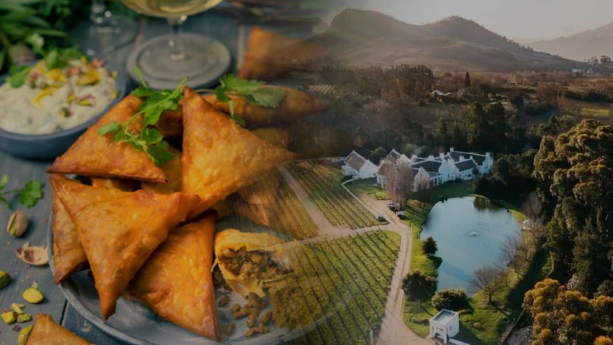 Samoosas in front of a view over the Winelands