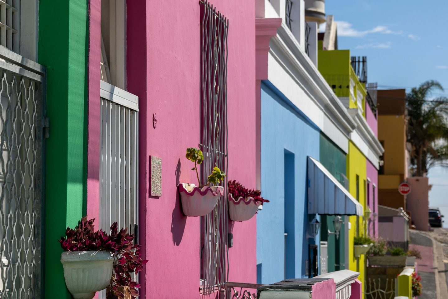 A pink house with flower pots on its walls, more painted houses down the street