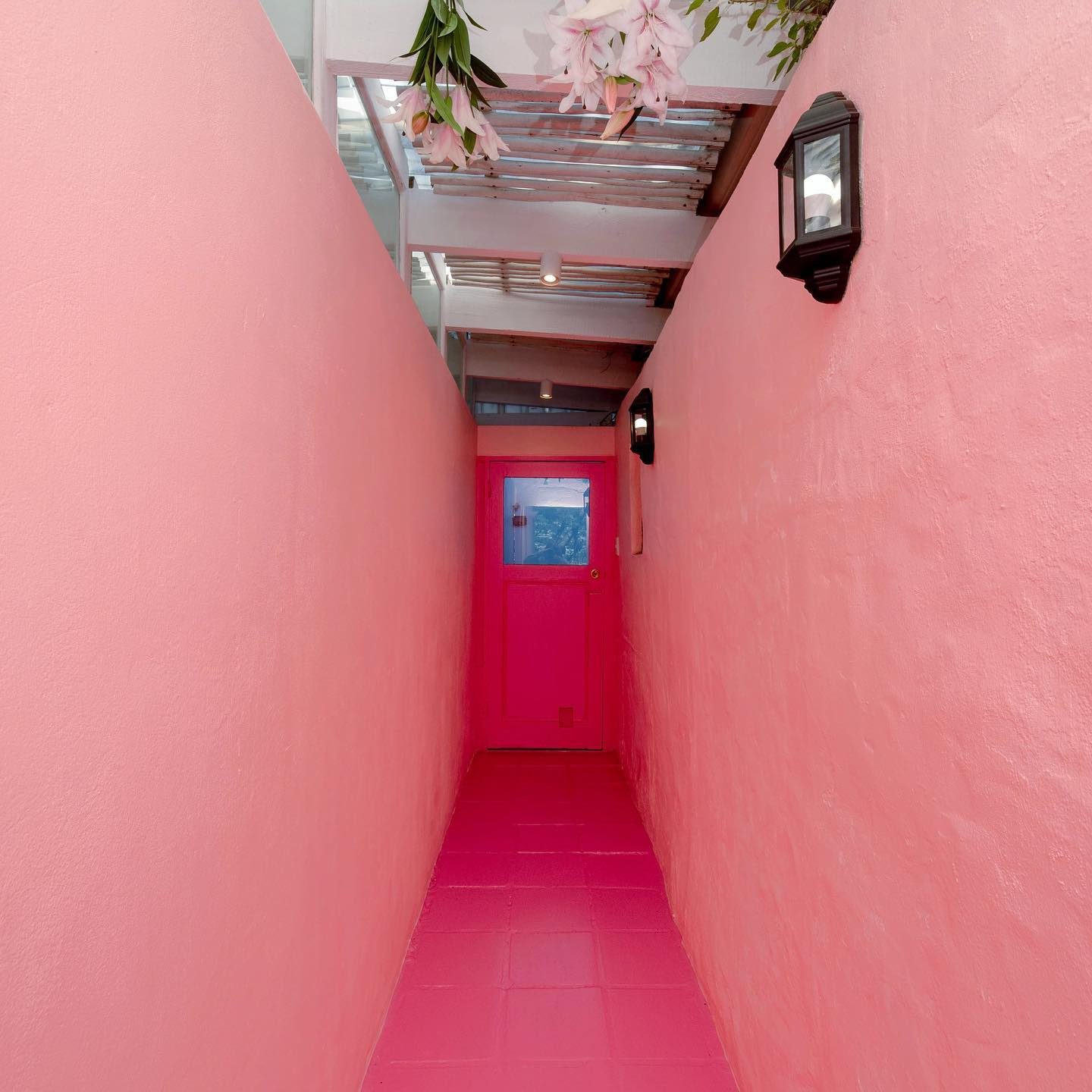 The pink corridor and its lantern, leading out of the house