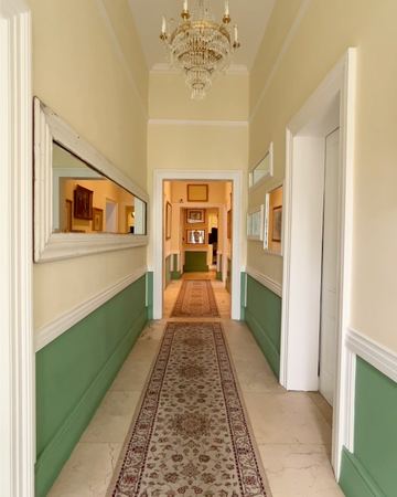 The long corridor with a chandelier and a runner