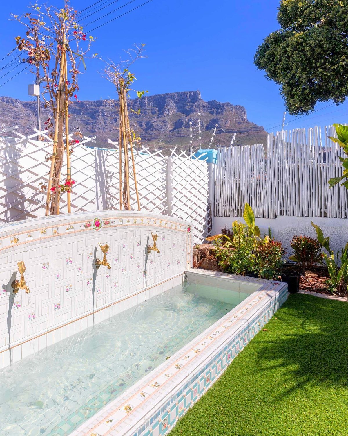 The wishing well in the garden with its brass bird taps and Table Mountain under a blue sky